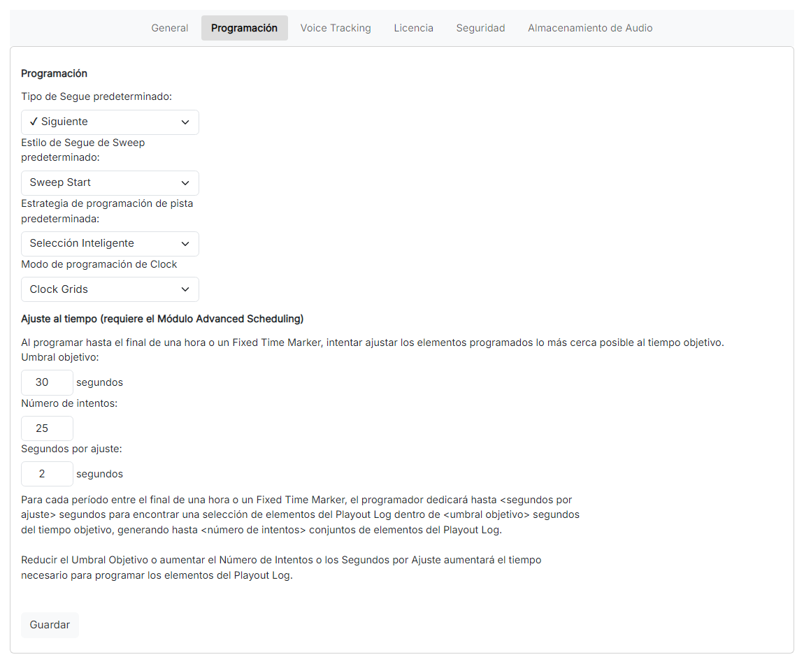 La página de Configuración de programación