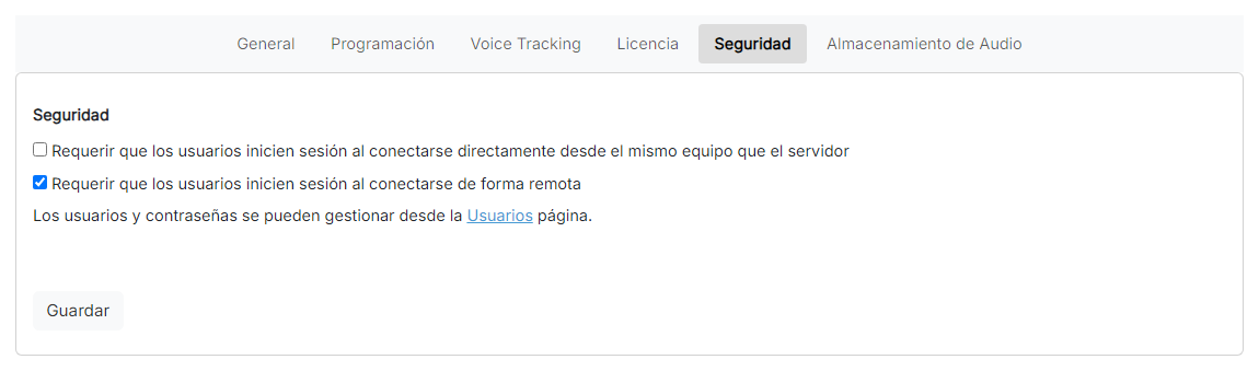 La página de configuración de seguridad