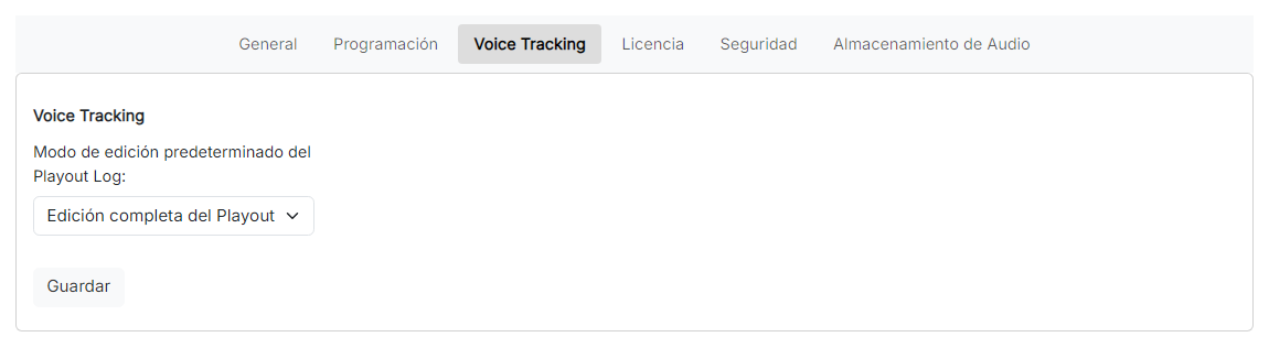 La página de Configuración de Voice Tracking