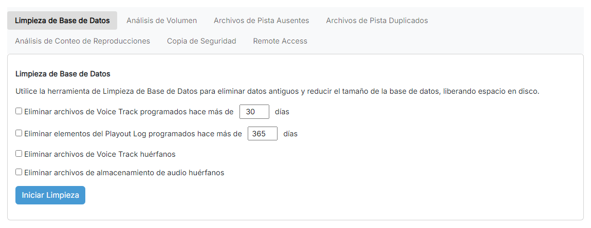 La página Limpieza de Base de Datos