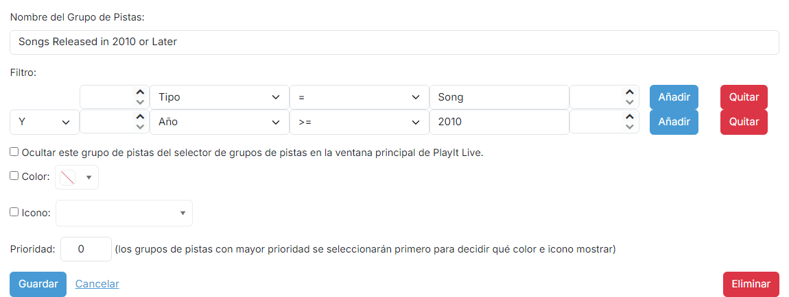 La página de edición del grupo de pistas filtrado