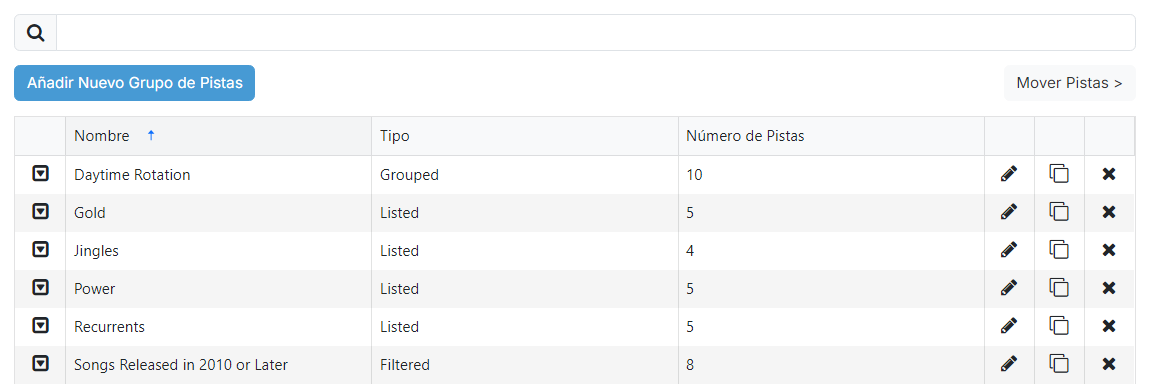 La página de Listado de Grupos de Pistas