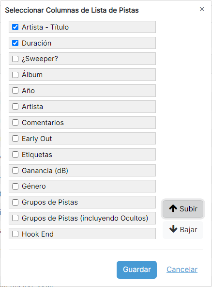 Un panel titulado «Seleccionar Columnas de Lista de Pistas» que muestra una lista desplazable de nombres de columnas, cada una con una casilla de verificación. «Artista - Título» y «Duración» están marcadas en la parte superior de la lista. Los botones «Subir» y «Bajar» se encuentran a la derecha, con los botones «Guardar» y «Cancelar» en la parte inferior.