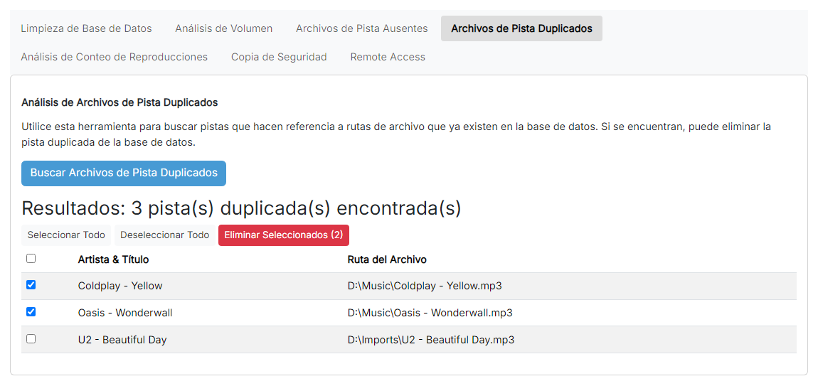 La tabla de resultados del análisis de archivos de pista duplicados con varias filas seleccionadas y el botón «Eliminar Seleccionados» visible