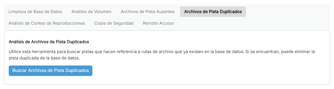 La página de Análisis de Archivos de Pista Duplicados con el botón «Buscar Archivos de Pista Duplicados»