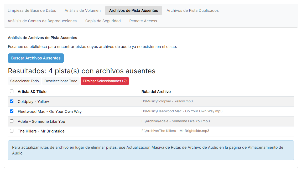 La tabla de resultados del análisis de archivos de pista ausentes con varias filas seleccionadas y el botón Eliminar Seleccionados visible