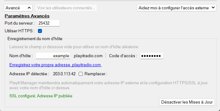 Configurer le serveur PlayIt Manager, section Paramètres Avancés