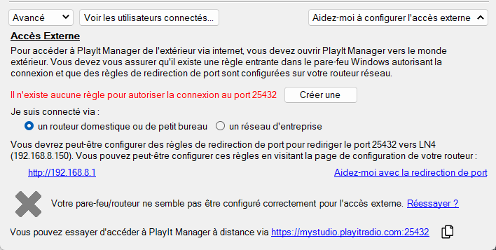 Configurer le serveur PlayIt Manager, section Accès Externe