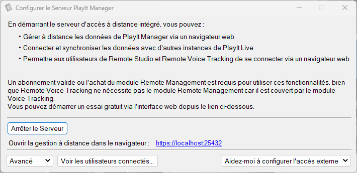 Fenêtre « Configurer le Serveur PlayIt Manager » avec le serveur démarré