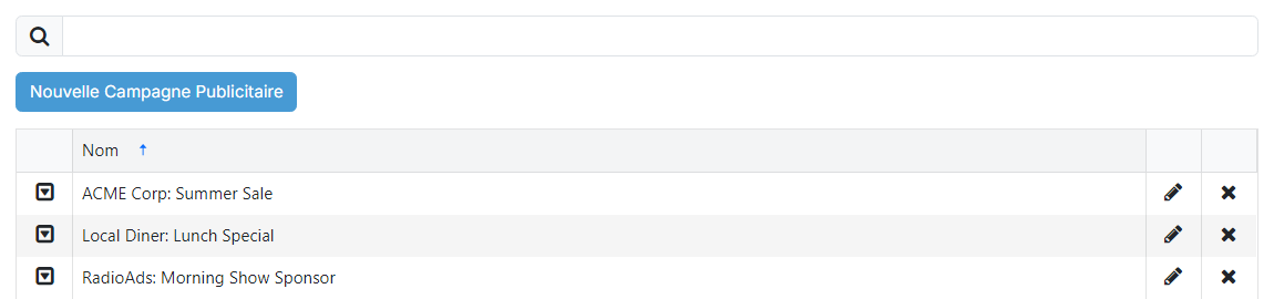 La page de liste des campagnes publicitaires
