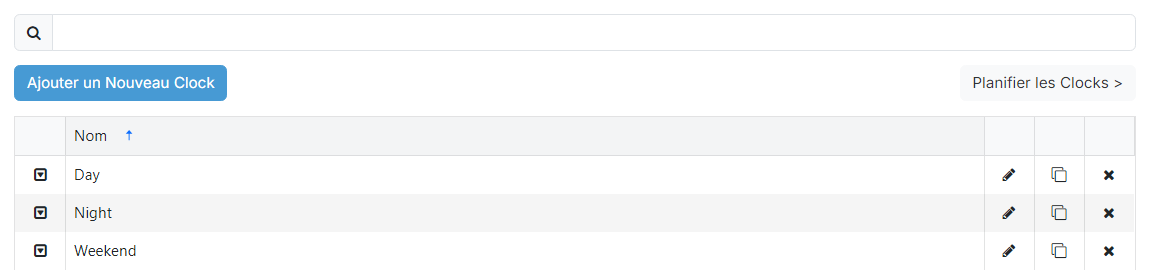 La page Liste des Clocks
