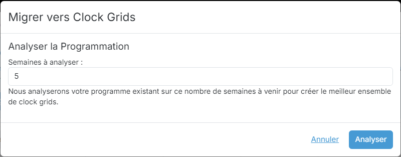 L'assistant « Migrer vers Clock Grids » à l'étape « Analyser la Programmation »