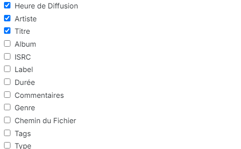 Liste des champs