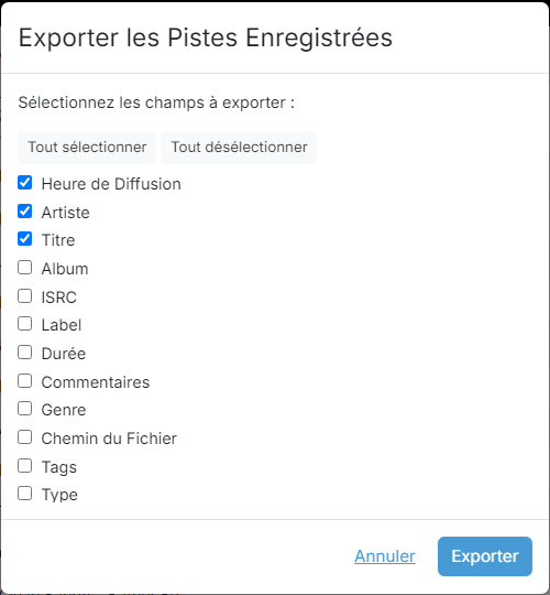 Une boîte de dialogue listant les champs pouvant être inclus dans le fichier CSV exporté, avec des cases à cocher et les boutons Tout sélectionner, Tout désélectionner, Annuler et Exporter