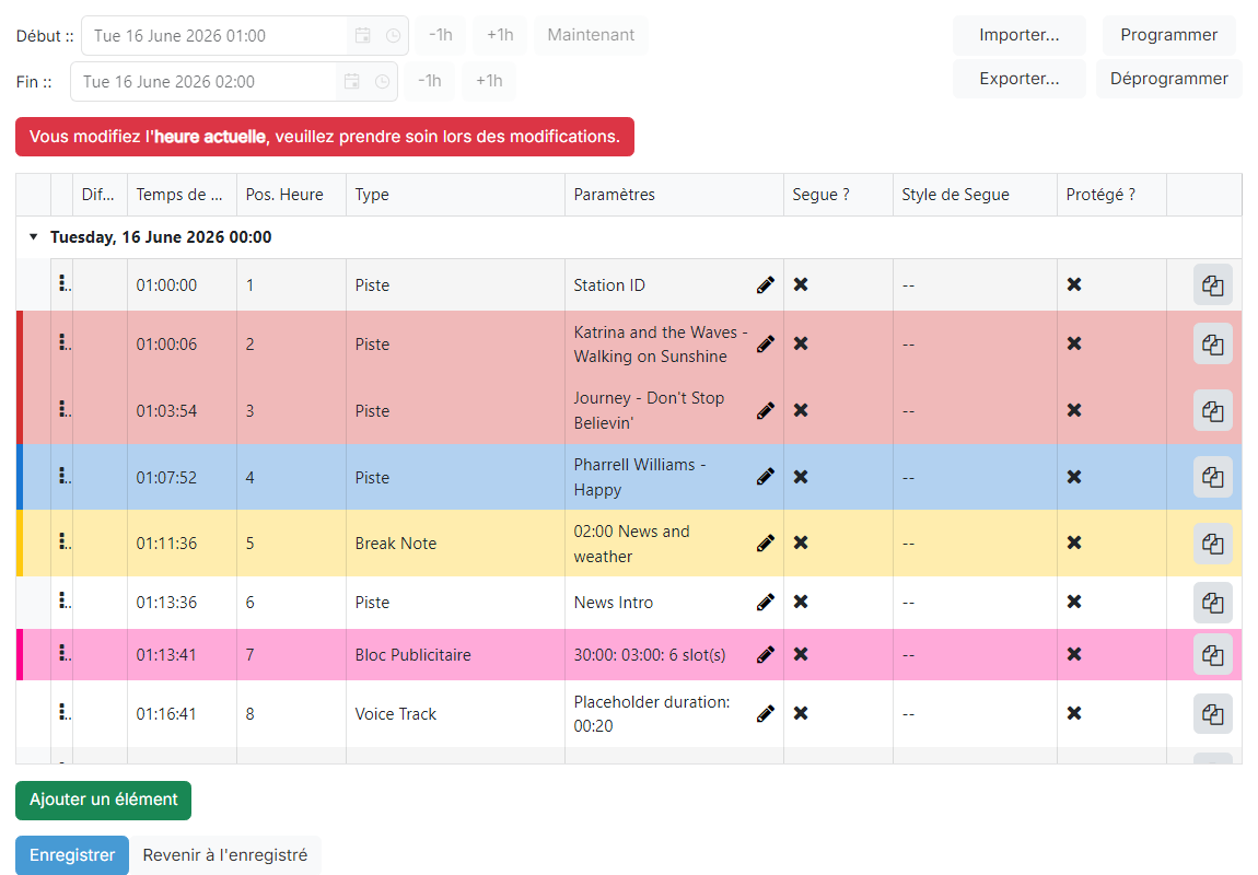 La page Playout Log en mode d'édition