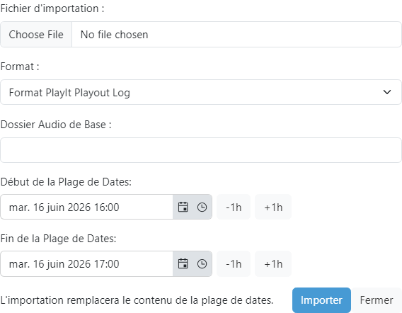 La fenêtre contextuelle Importer le Playout Log