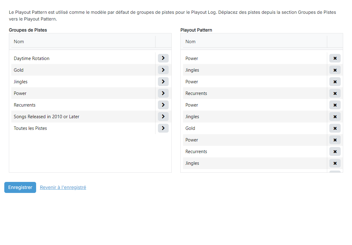 La page Modification du Playout Pattern