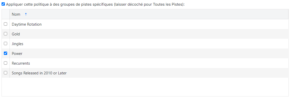 Case à cocher Appliquer à des groupes de pistes spécifiques