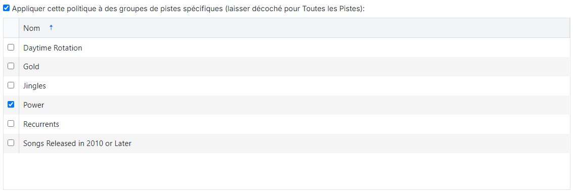 Case à cocher Appliquer à des groupes de pistes spécifiques