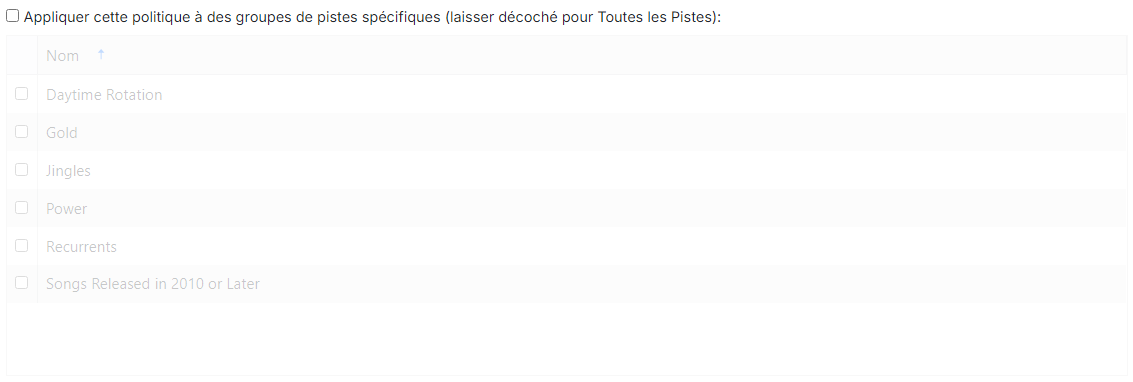 Filtre de groupes de pistes spécifiques