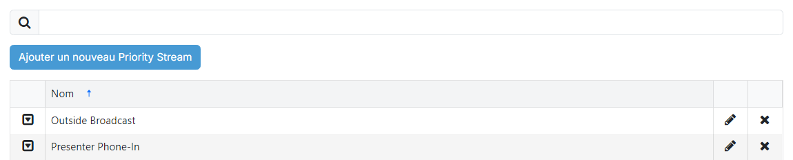 La page de liste des Priority Streams