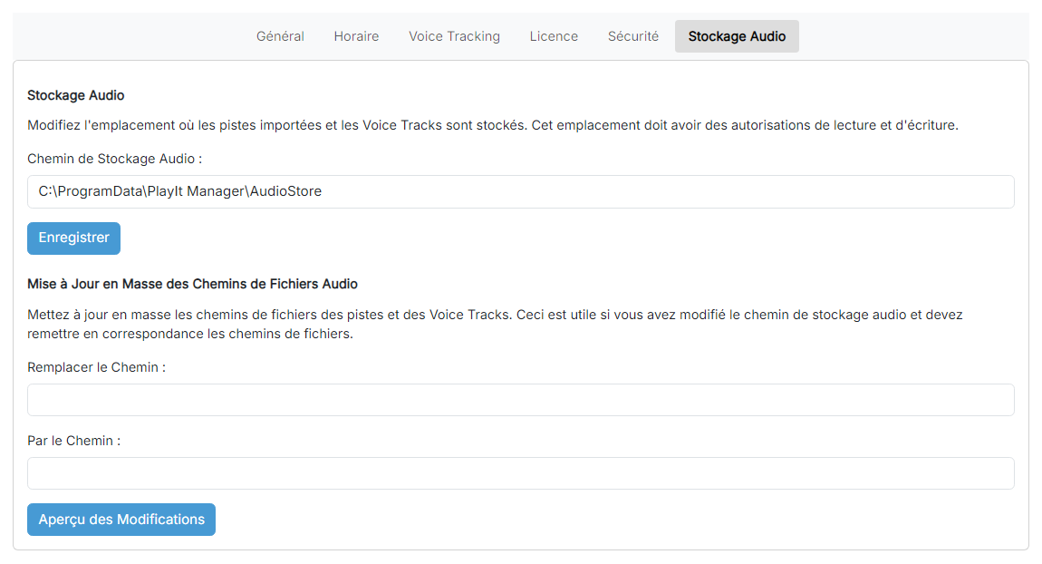 La page des paramètres de stockage audio