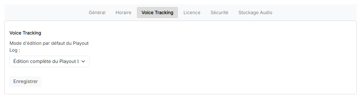 La page Paramètres Voice Tracking