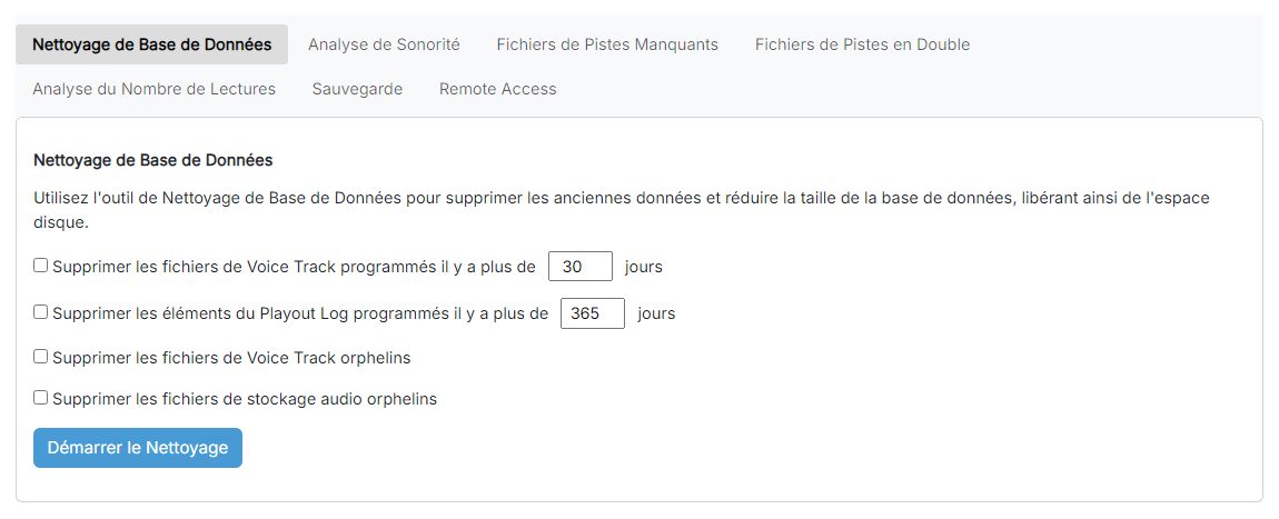 La page Nettoyage de Base de Données