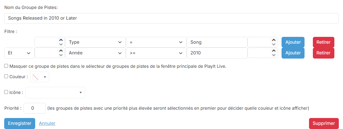 La page de modification du groupe de pistes filtré