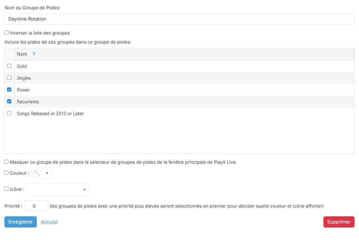 La page de modification du groupe de pistes groupé