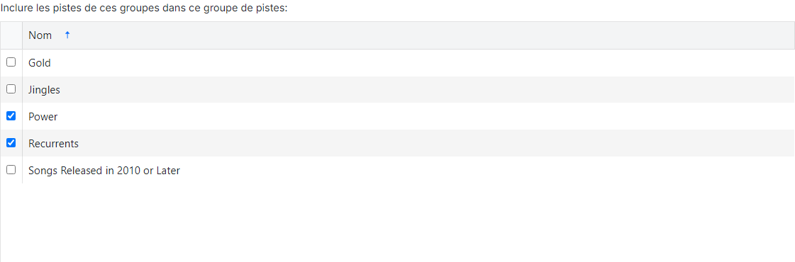 Liste des groupes de pistes
