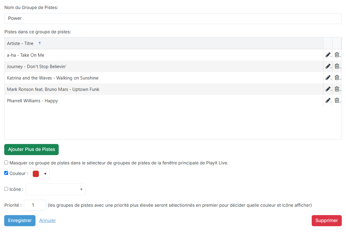 La page de modification du groupe de pistes listé