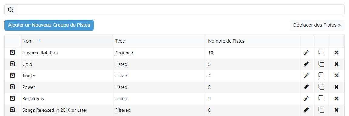 La page Liste des groupes de pistes