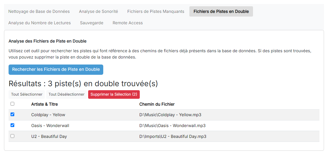 Le tableau des résultats de l'analyse de fichiers de piste en double avec plusieurs lignes sélectionnées et le bouton « Supprimer la Sélection » visible