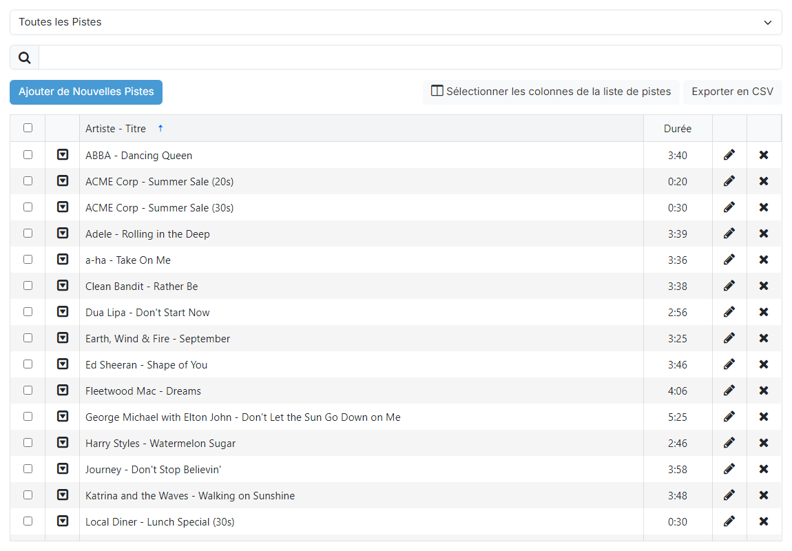 La page Liste des Pistes