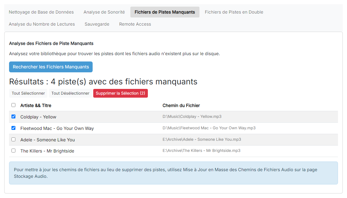 Le tableau des résultats de l'analyse des fichiers de piste manquants avec plusieurs lignes sélectionnées et le bouton Supprimer la Sélection visible