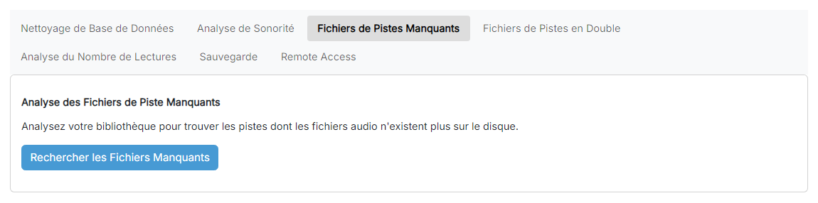 La page Analyse des Fichiers de Piste Manquants avec le bouton Rechercher les Fichiers Manquants