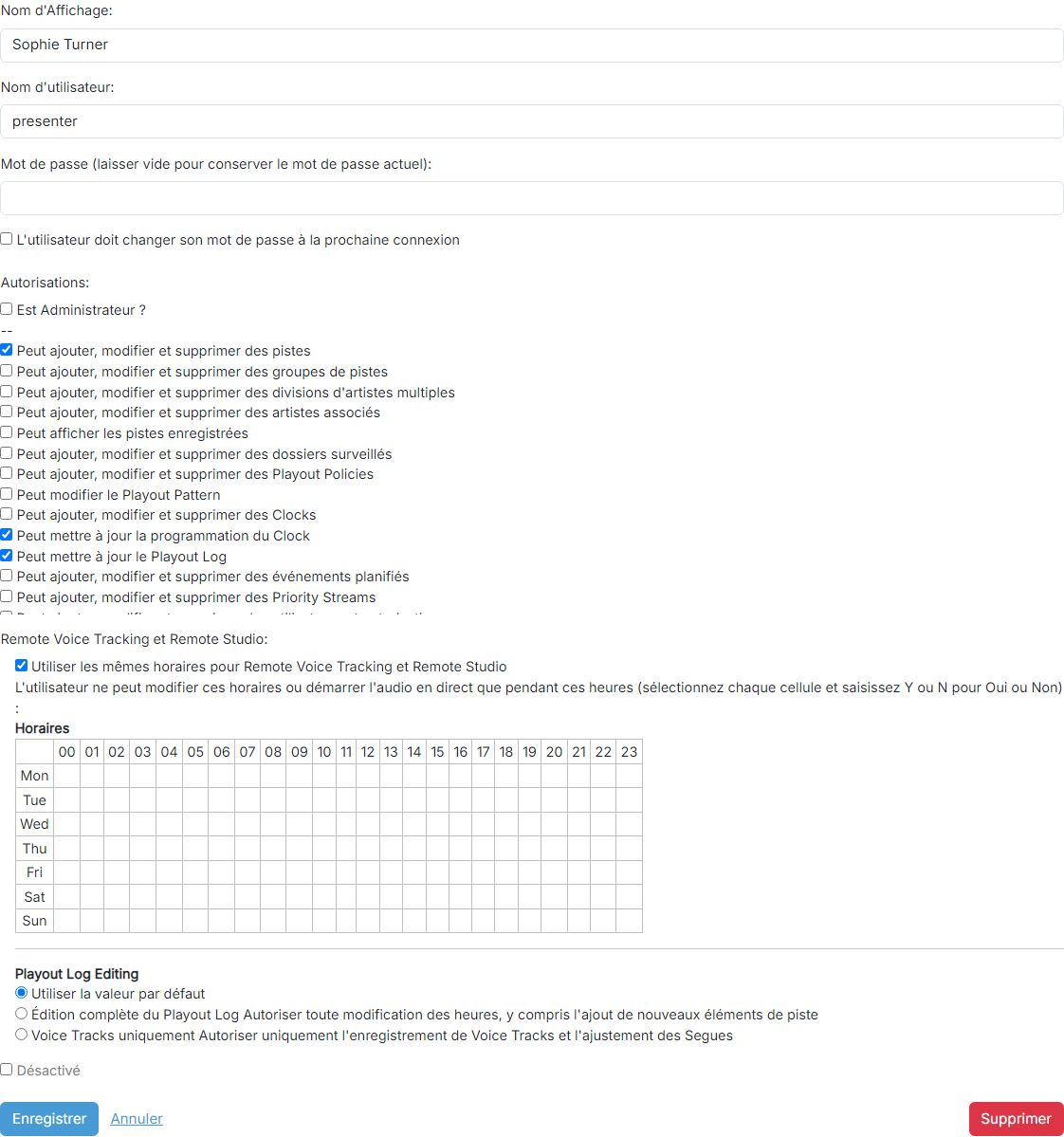 La page de modification d'utilisateur