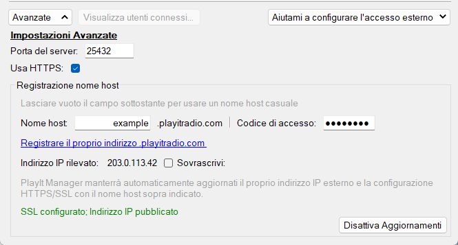 Configurazione del server PlayIt Manager, sezione Impostazioni Avanzate