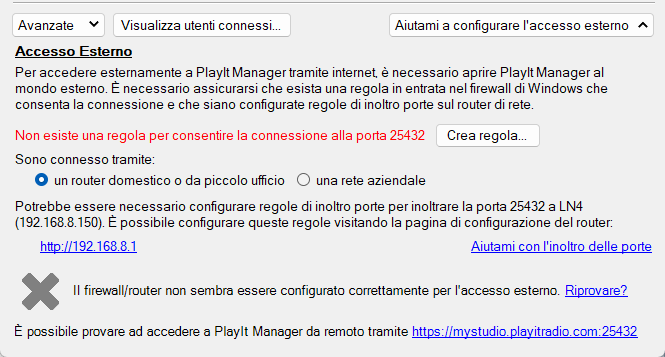 Configurazione del server PlayIt Manager, sezione Accesso Esterno