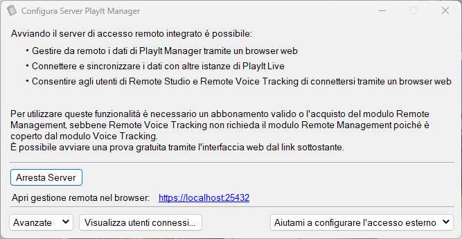 Finestra «Configura Server PlayIt Manager» con il server avviato