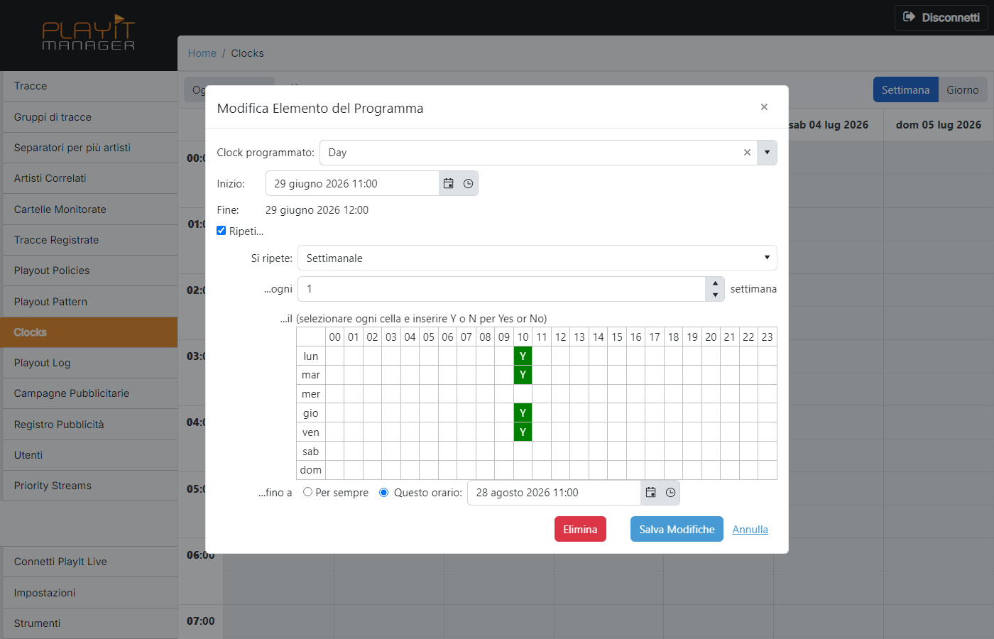 La finestra di dialogo Modifica elemento programmazione clock