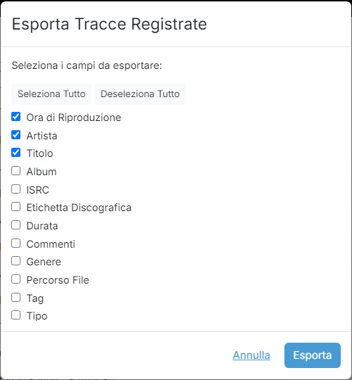 Una finestra di dialogo che elenca i campi che possono essere inclusi nel file CSV esportato, con caselle di controllo e i pulsanti Seleziona Tutto, Deseleziona Tutto, Annulla ed Esporta