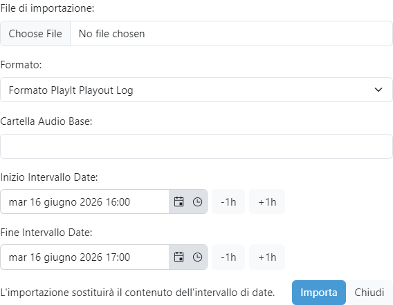 Il popup Importa Playout Log