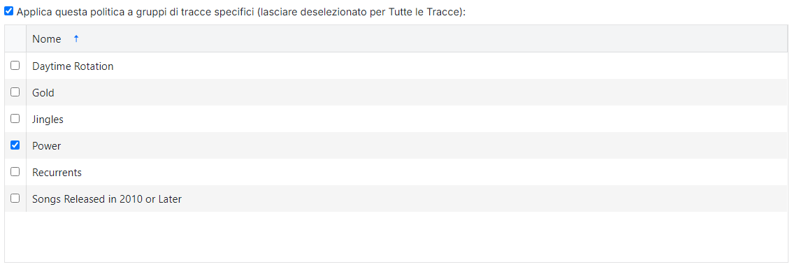 Casella di controllo Applica a gruppi di tracce specifici