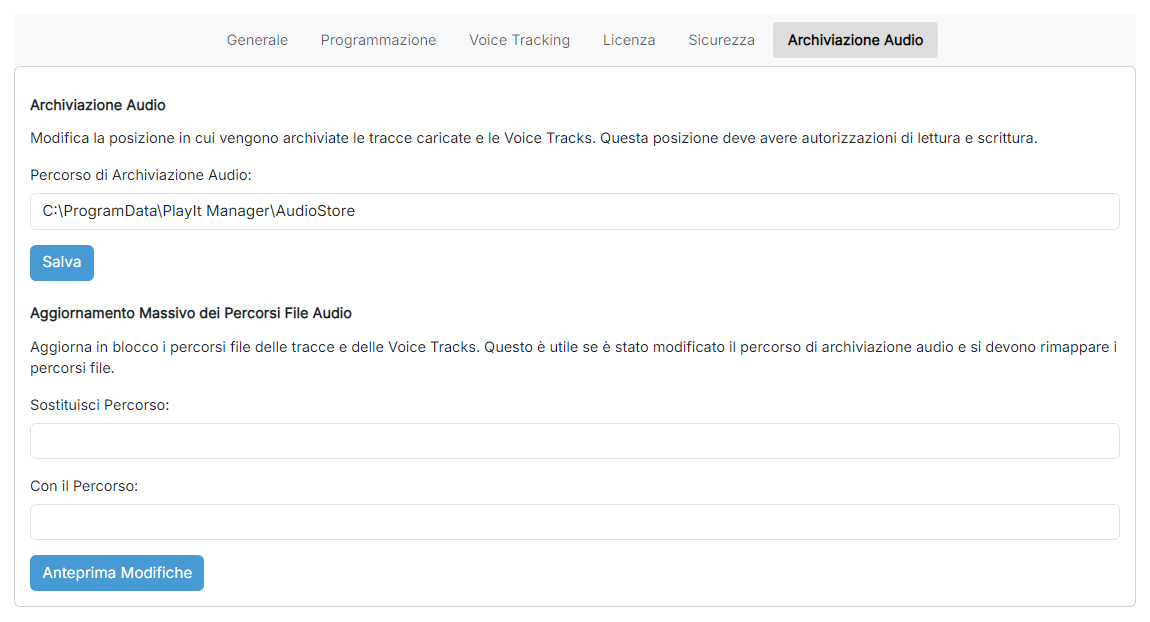 La pagina delle impostazioni di archiviazione audio