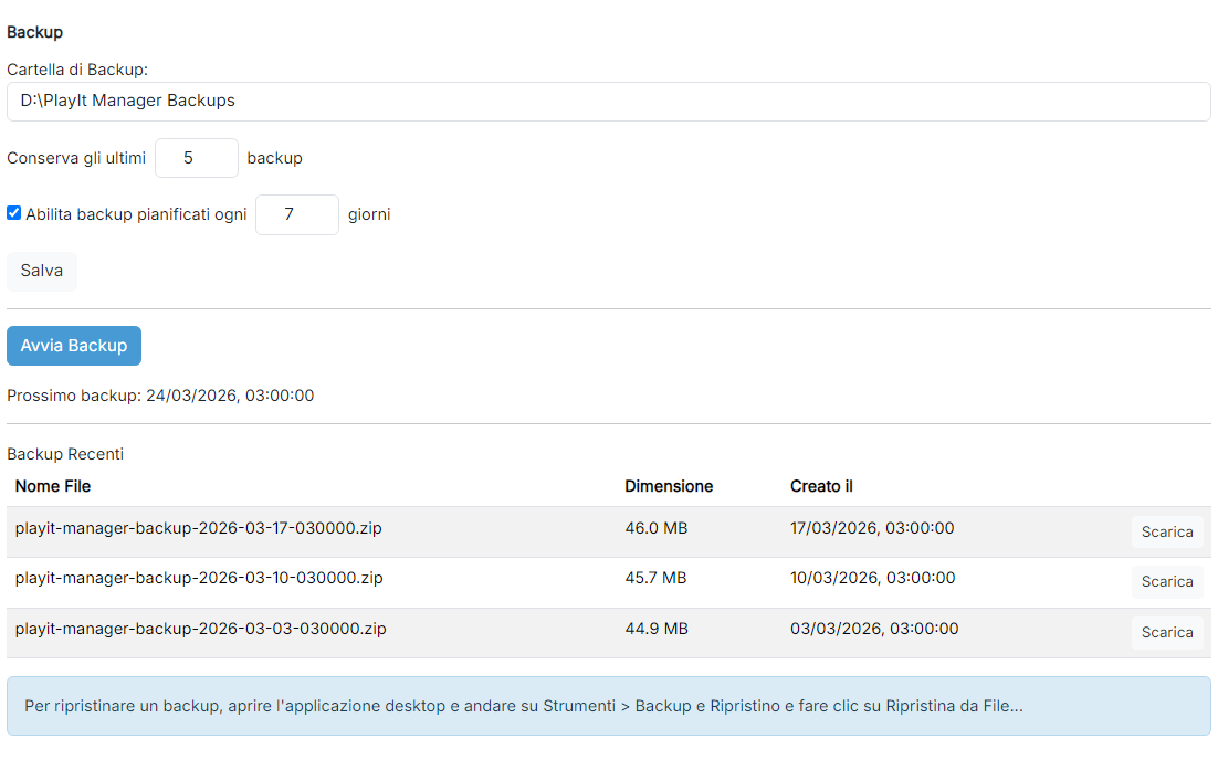 La pagina Backup che mostra la cartella di backup, le impostazioni di conservazione e pianificazione, il pulsante Avvia Backup e un elenco dei backup recenti.