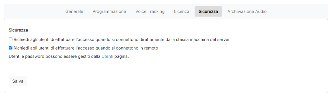 La pagina delle impostazioni di sicurezza