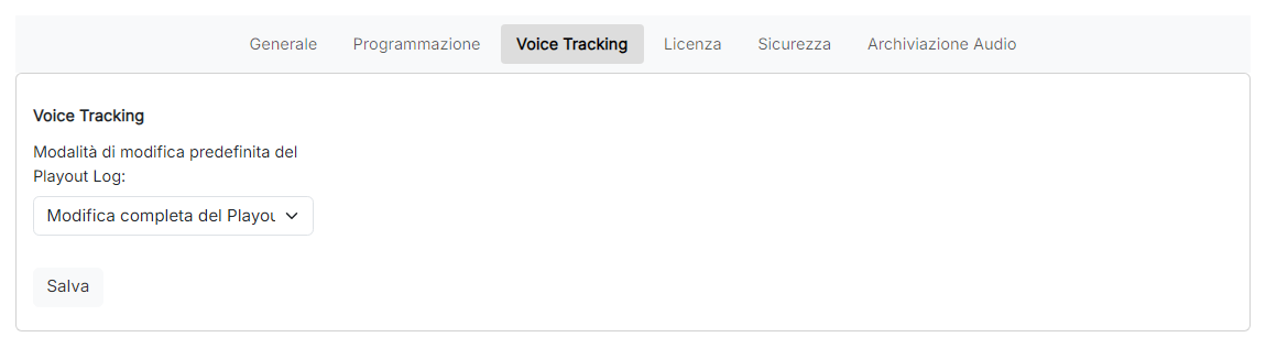 La pagina Impostazioni Voice Tracking