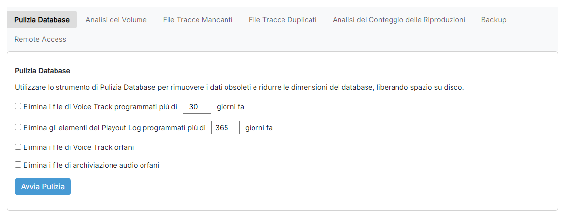 La pagina Pulizia Database